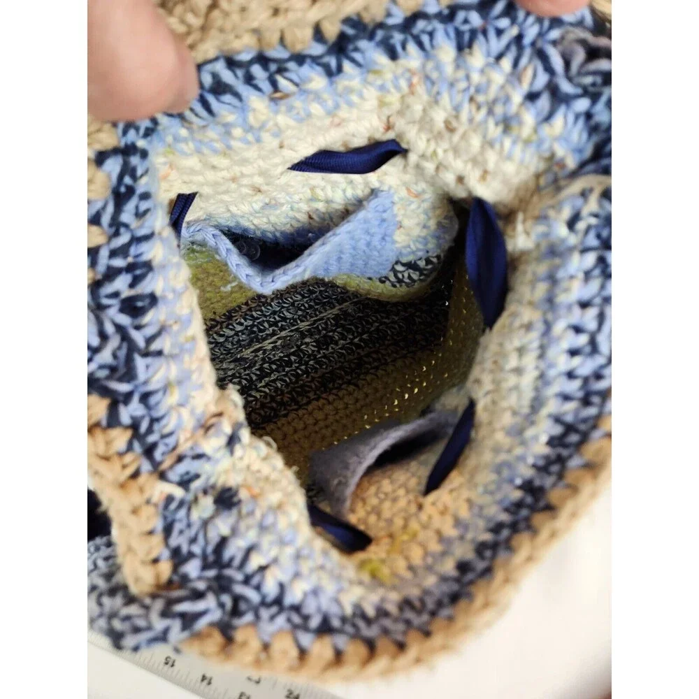 Funky Fun Handmade Crochet Knit Bag Large Purse‎ Boho Hippie Flowers Blue Beige